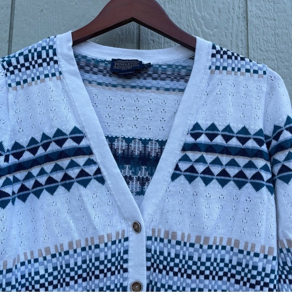 Pendleton Cardigan Sweater Womens PL Blue White Western Aztec Linen Spring Comy - Picture 2 of 12